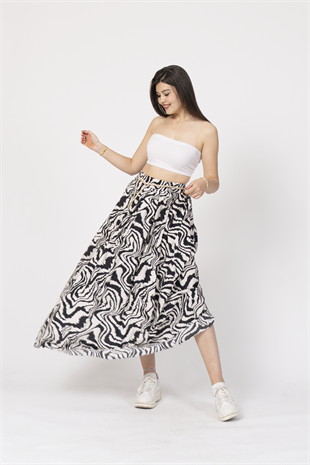 Zebra Desen Beli Lastikli Hasır İp Detaylı ve Cepli Etek 6796
