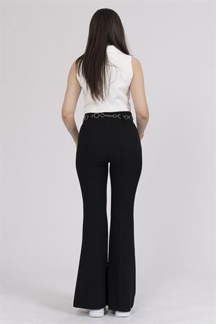 Zincir Aksesuarlı İspanyol Paça Pantolon 3876