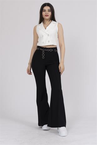 Zincir Aksesuarlı İspanyol Paça Pantolon 3876