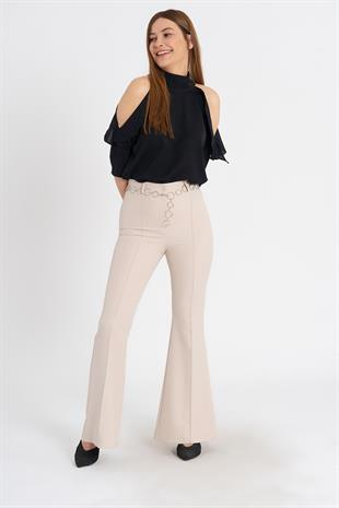 Zincir Aksesuarlı İspanyol Paça Pantolon 3876