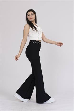 Zincir Aksesuarlı İspanyol Paça Pantolon 3876