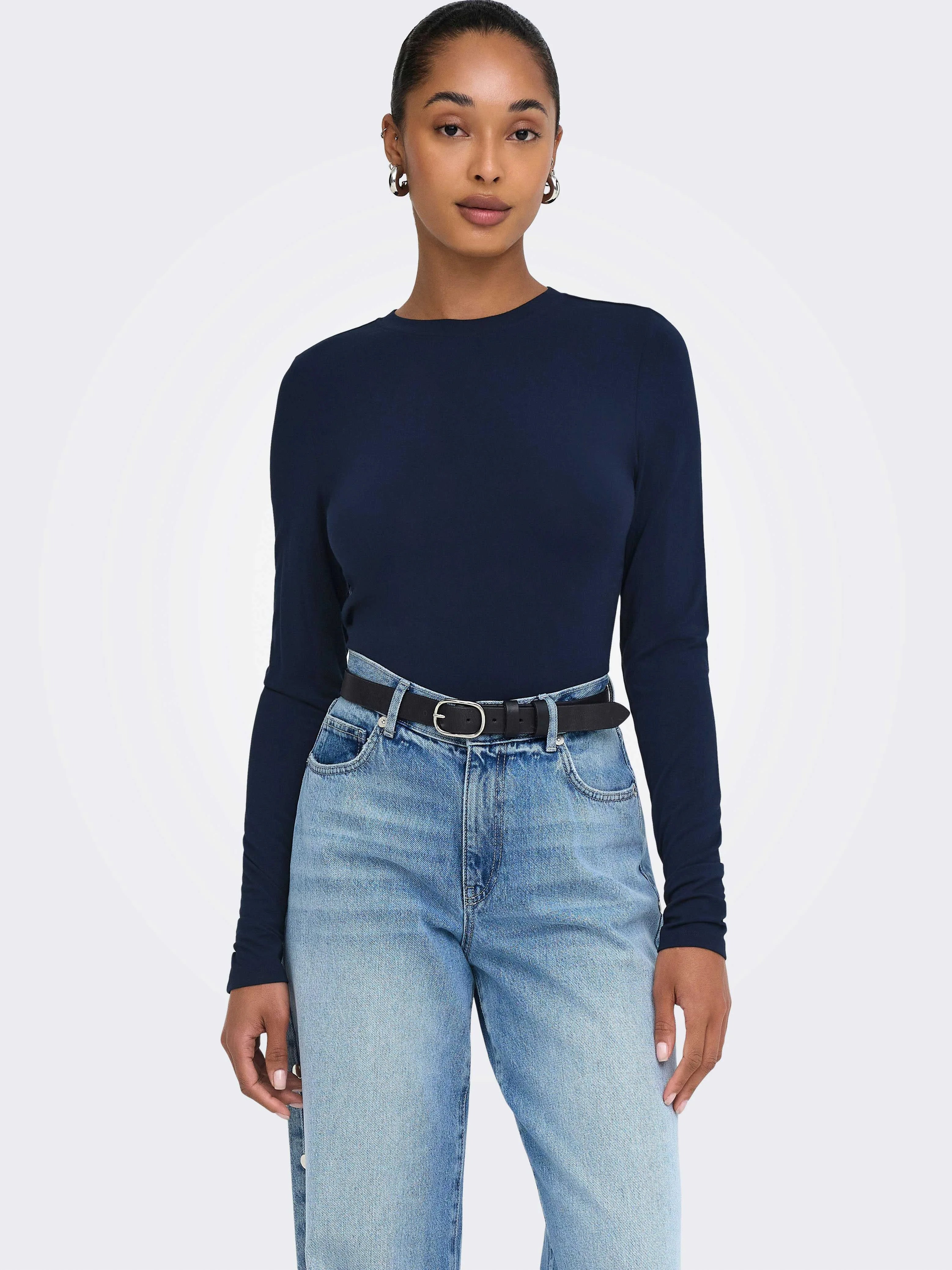 ONLY Onlbamboo Kadın Bisiklet Yaka Uzun Kollu Viskon Basic Bluz Night Sky Lacivert