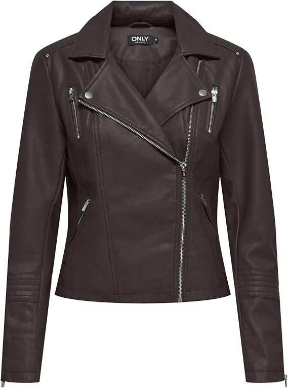 ONLY OnlGemma Kadın Suni Deri Fermuarlı Biker Ceket Chocolate Torte