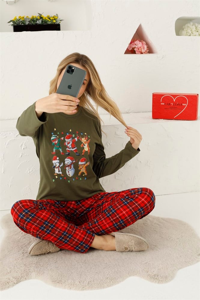 Yılbaşına özel Bayan baskılı uzun kollu pijama takımı