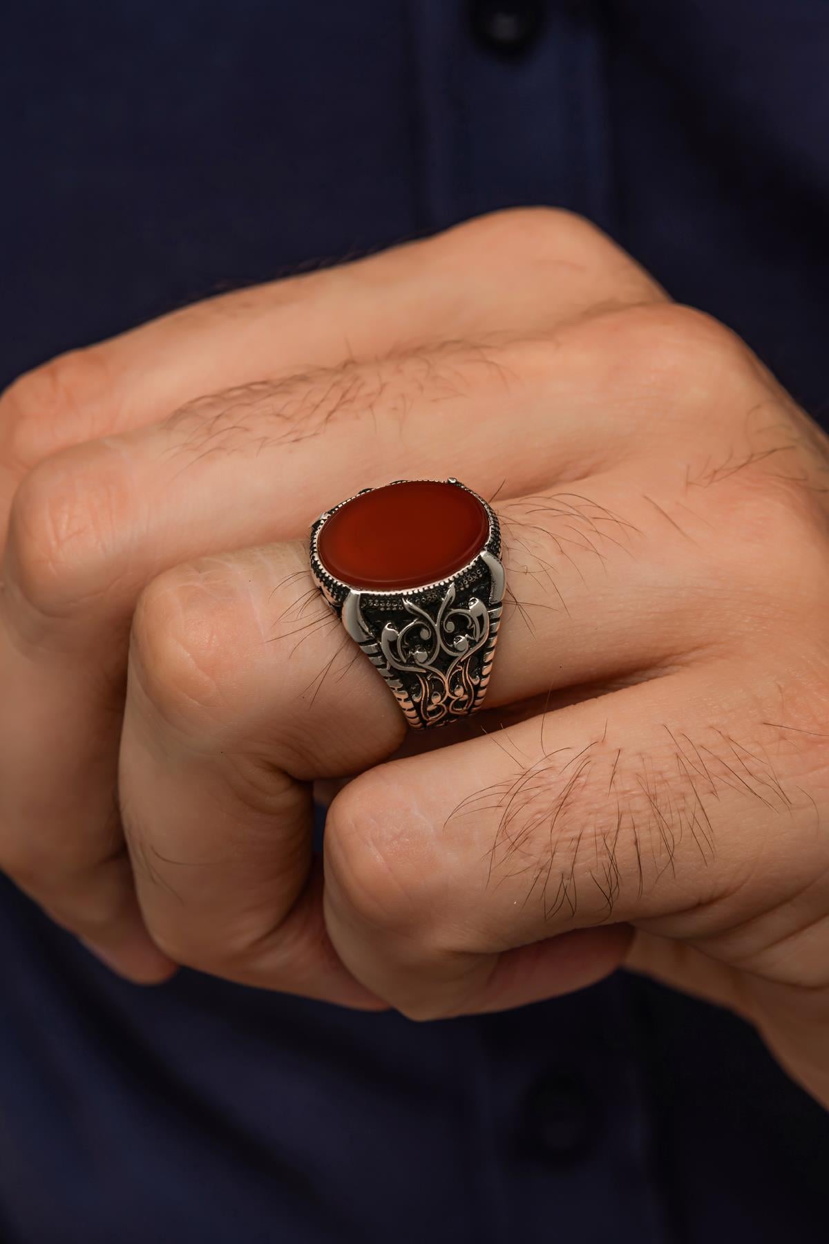 Oval Akik Taşlı  925 Gümüş Erkek Yüzük