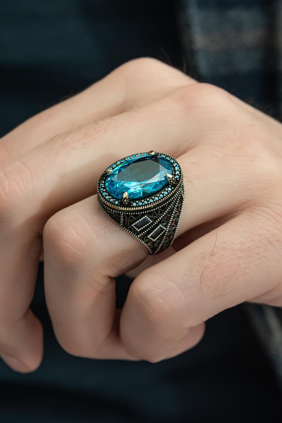 Oval Aqua Mavi Taşlı 925 Gümüş Erkek Yüzük
