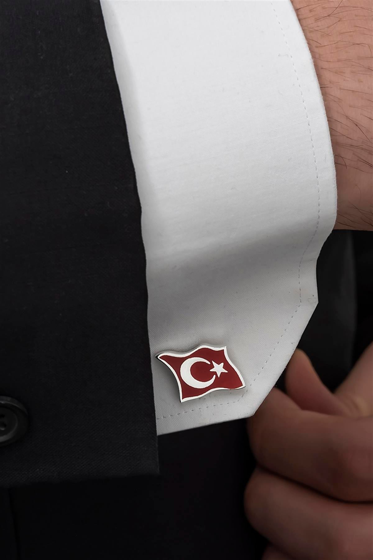 Türk Bayrağı Mineli Gümüş Kol Düğmesi