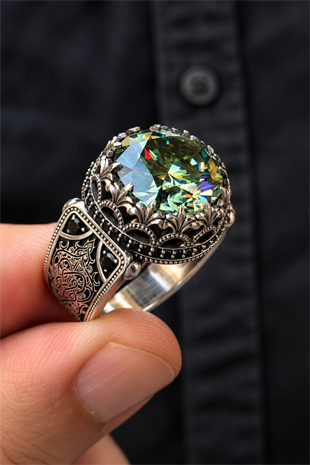 13 ct Mozanit Taşlı 925 Erkek Gümüş Yüzük
