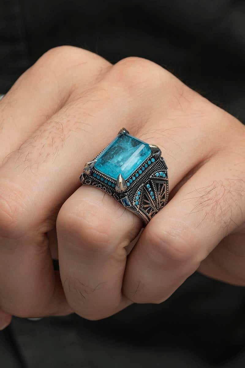 Kare Mavi Paraiba Taşlı 925 Gümüş Erkek Yüzük
