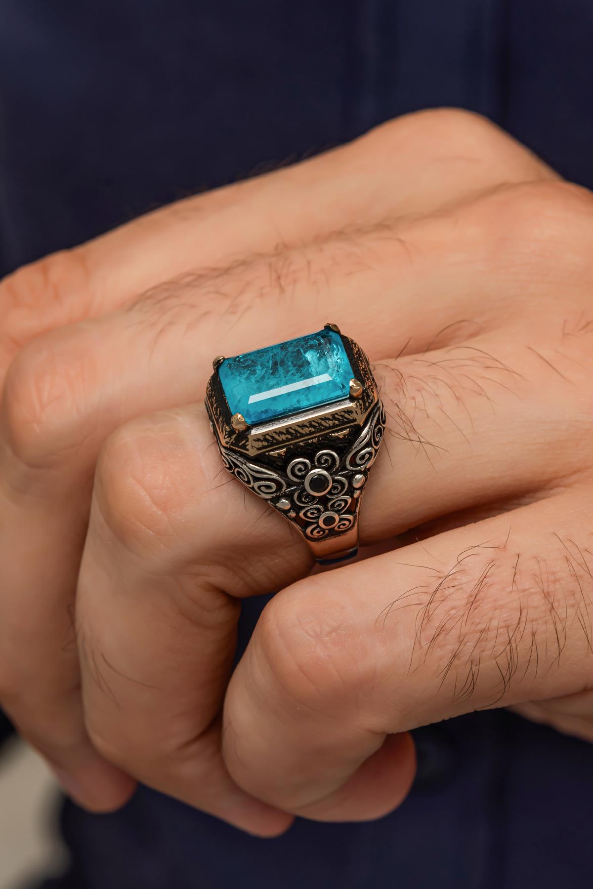 Mavi  Paraiba Taşlı Kare 925 Gümüş Erkek Yüzük