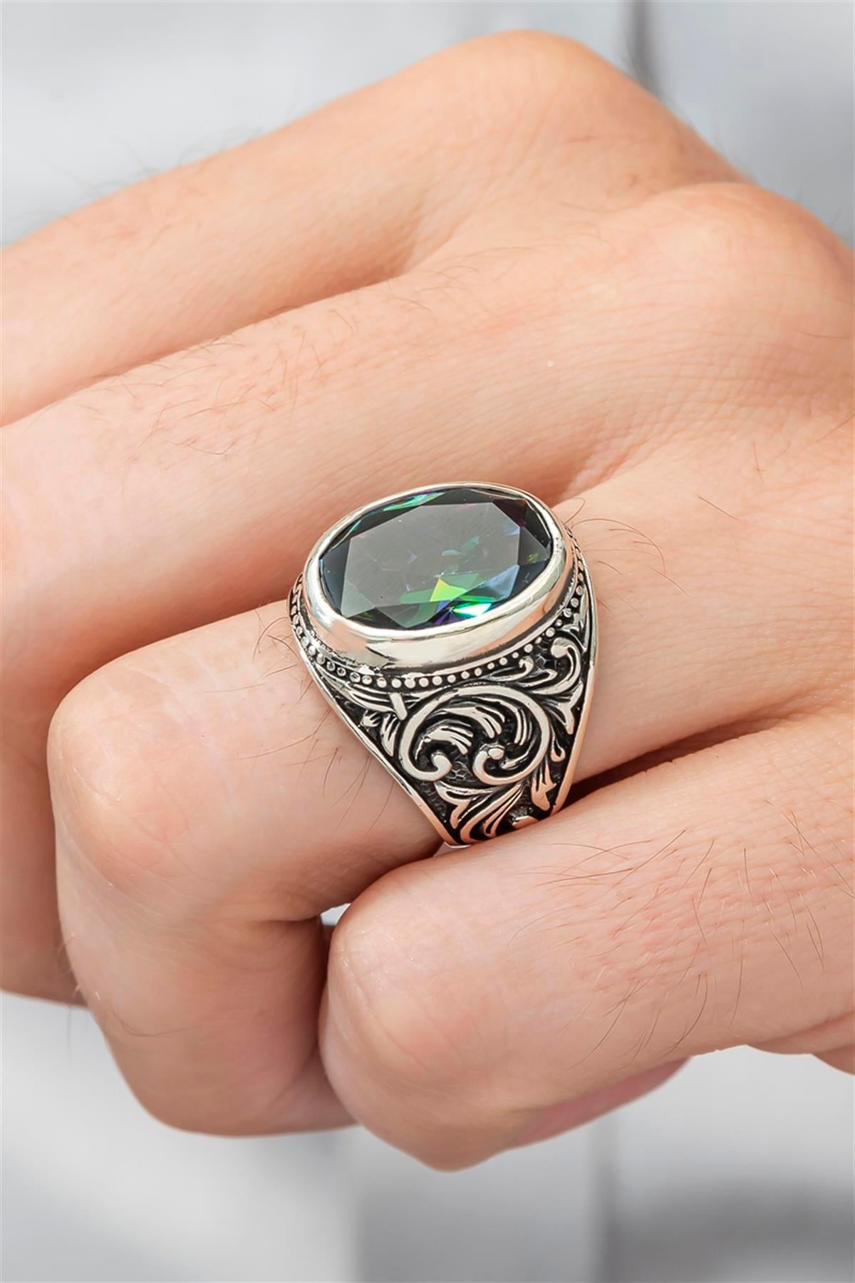 Mistik Topaz Taşlı 925 Gümüş Erkek Yüzük