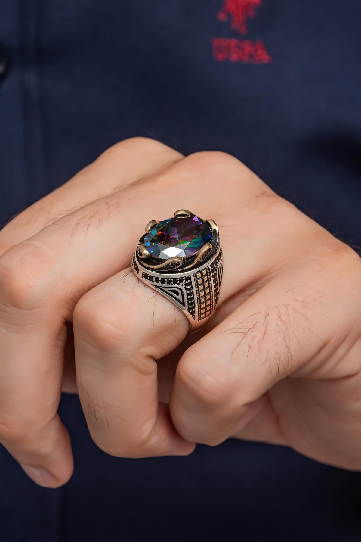 Mistik Topaz Taşlı Dalga Motif 925 Gümüş Erkek Yüzük
