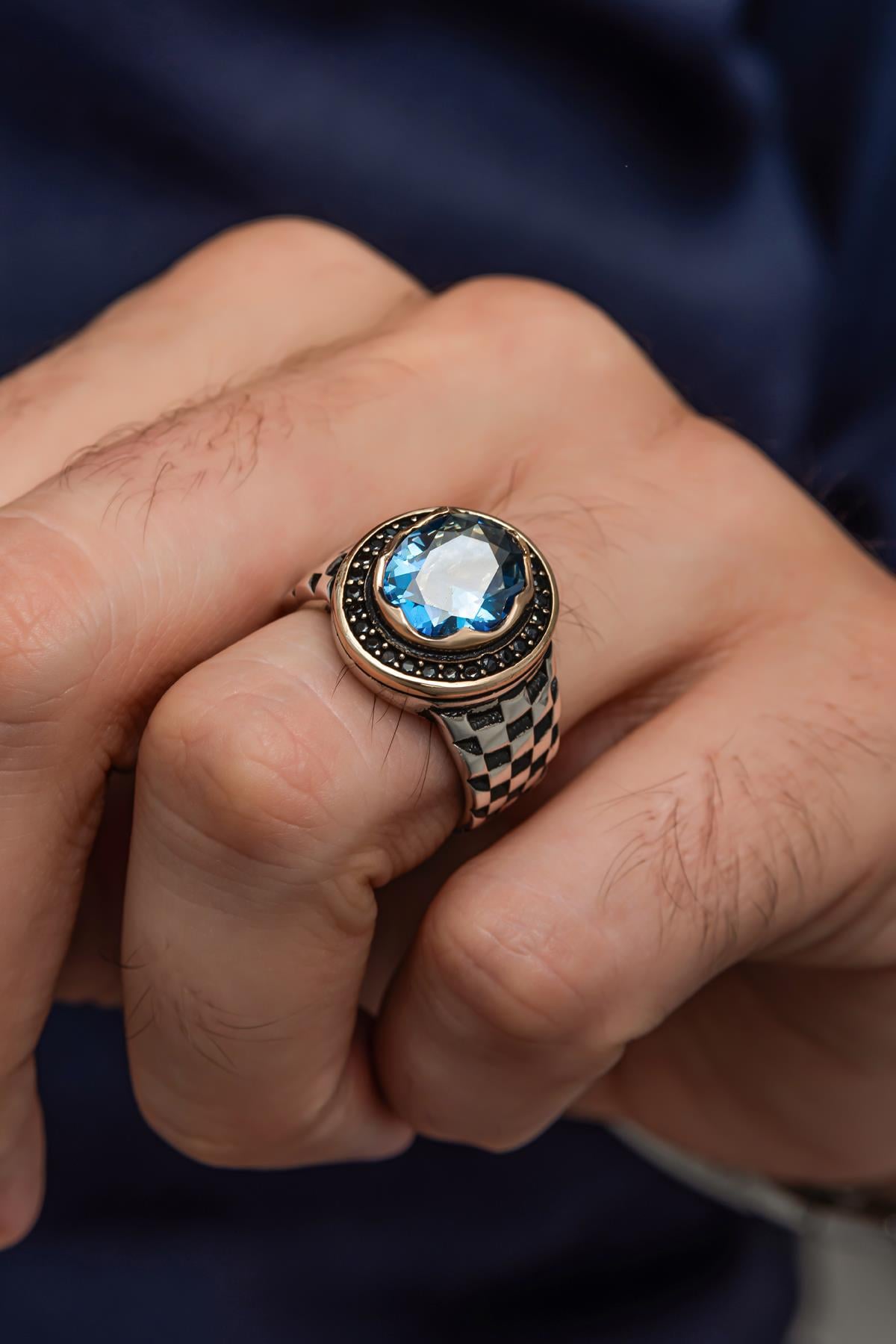 Mistik Topaz Taşlı Kordon Desenli 925 Gümüş Erkek Yüzük