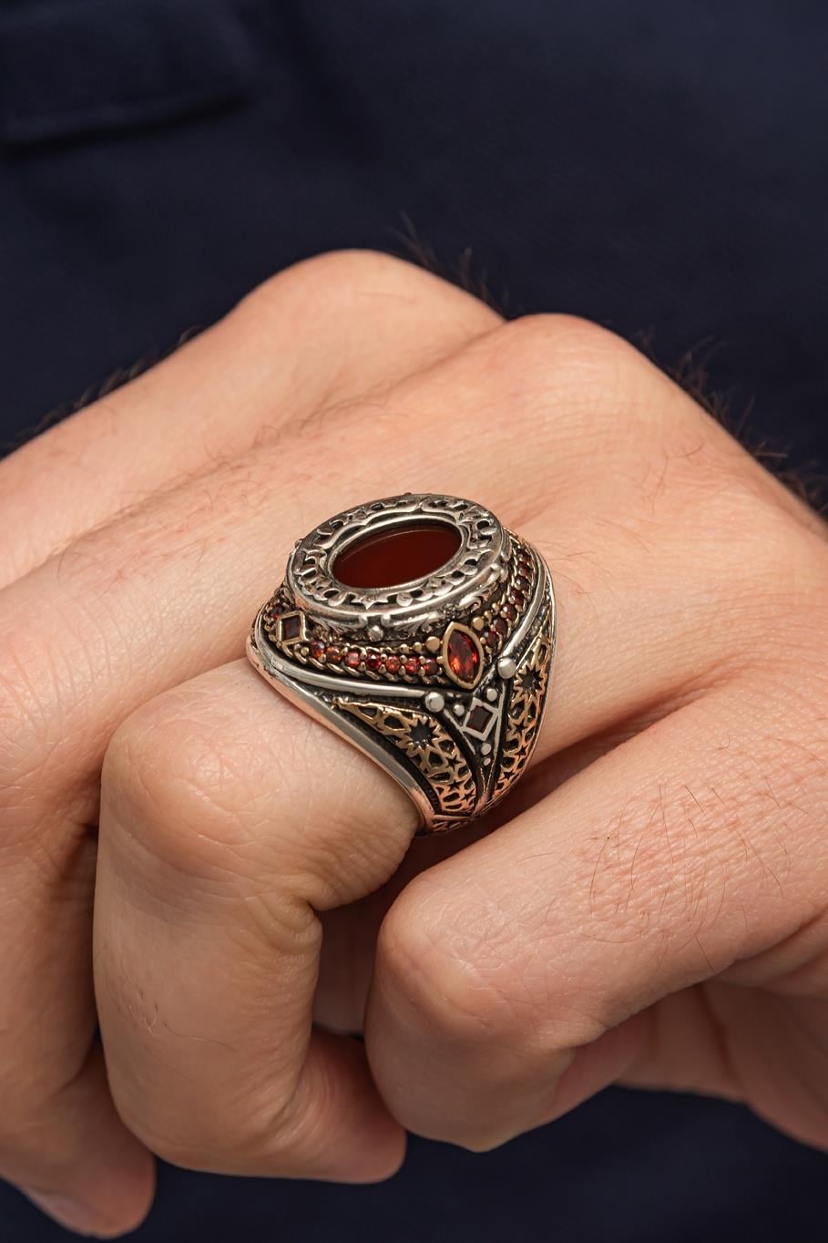 Oval Akik Taşlı 925 Erkek Gümüş Yüzük