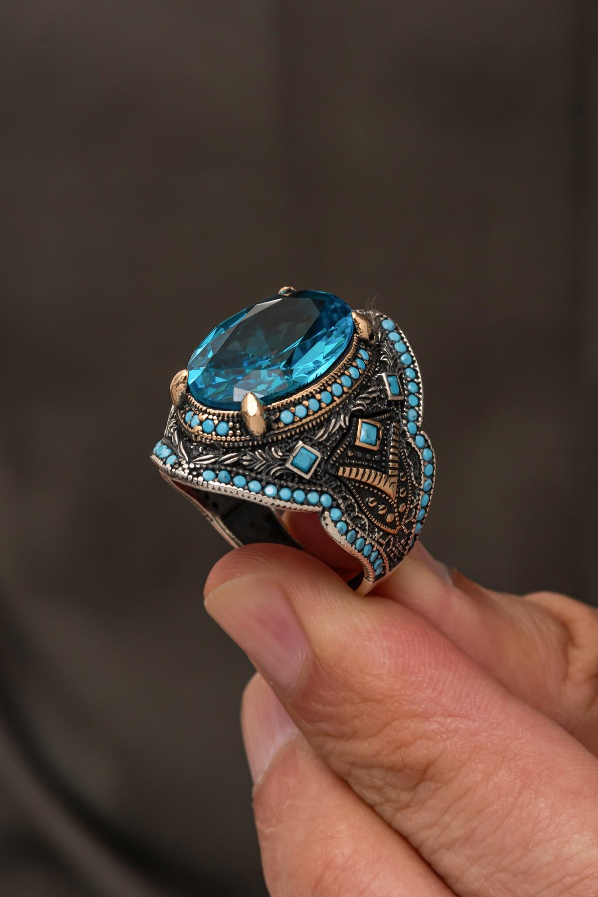 Oval Aqua Mavi Taşlı 925 Erkek Gümüş Yüzük