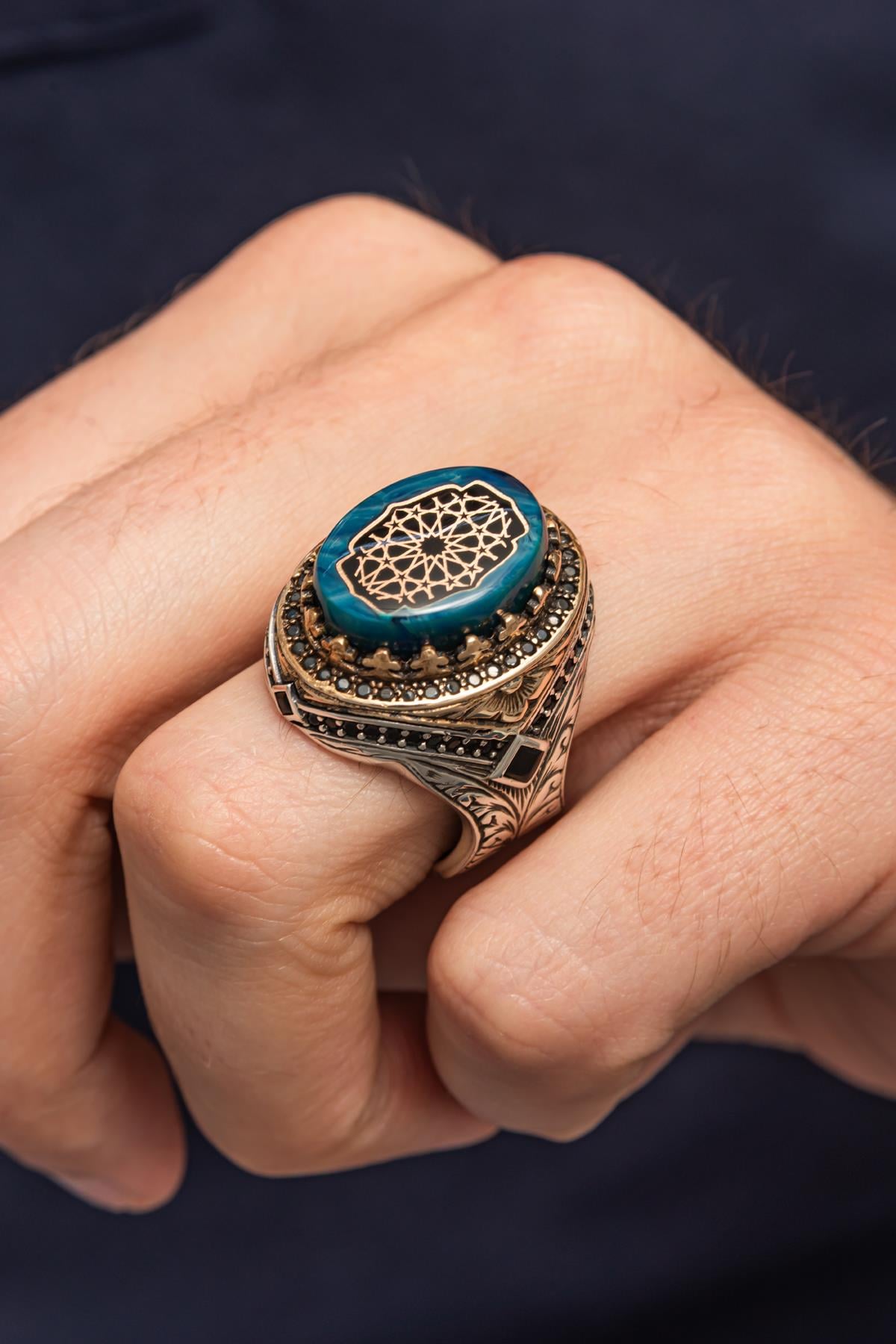 Oval Mavi Sıkma Kehribar Taşlı 925 Erkek Gümüş Yüzük