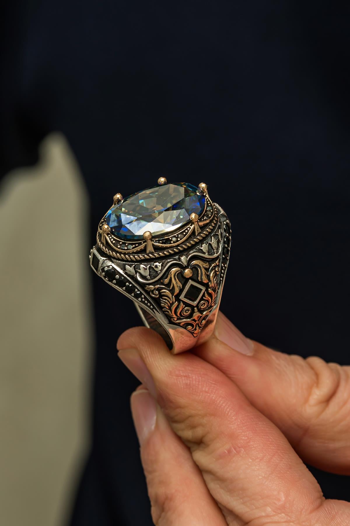 Oval Mistik Topaz Taşlı 925 Erkek Gümüş Yüzük