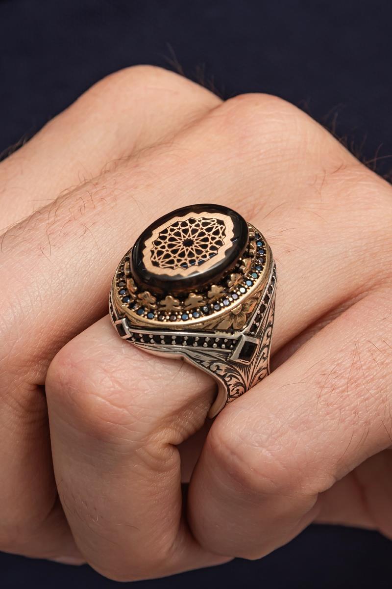 Oval Sıkma Kehribar Taşlı 925 Erkek Gümüş Yüzük