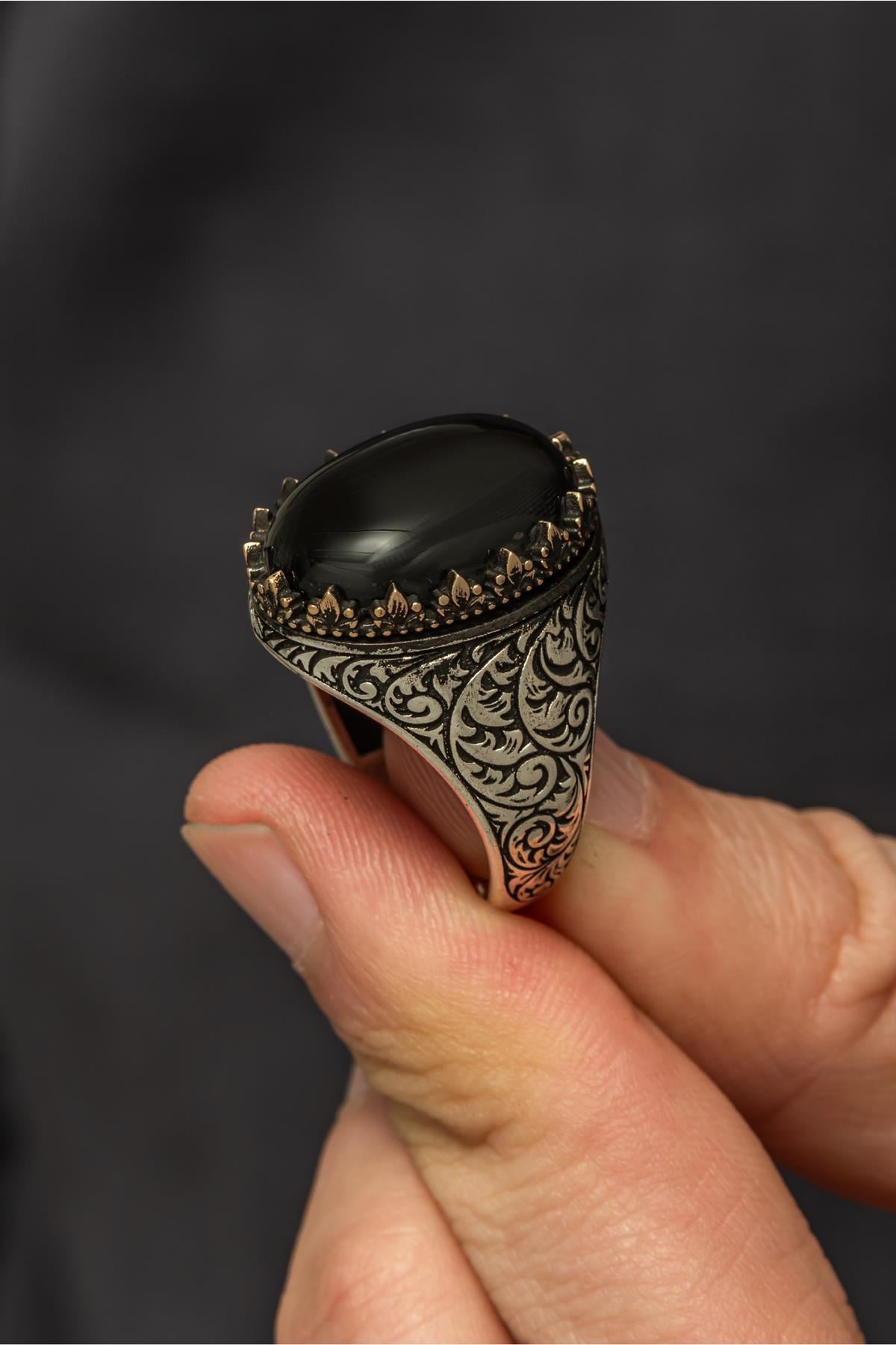 Oval Siyah oniks Taşlı 925 Gümüş Erkek Yüzük