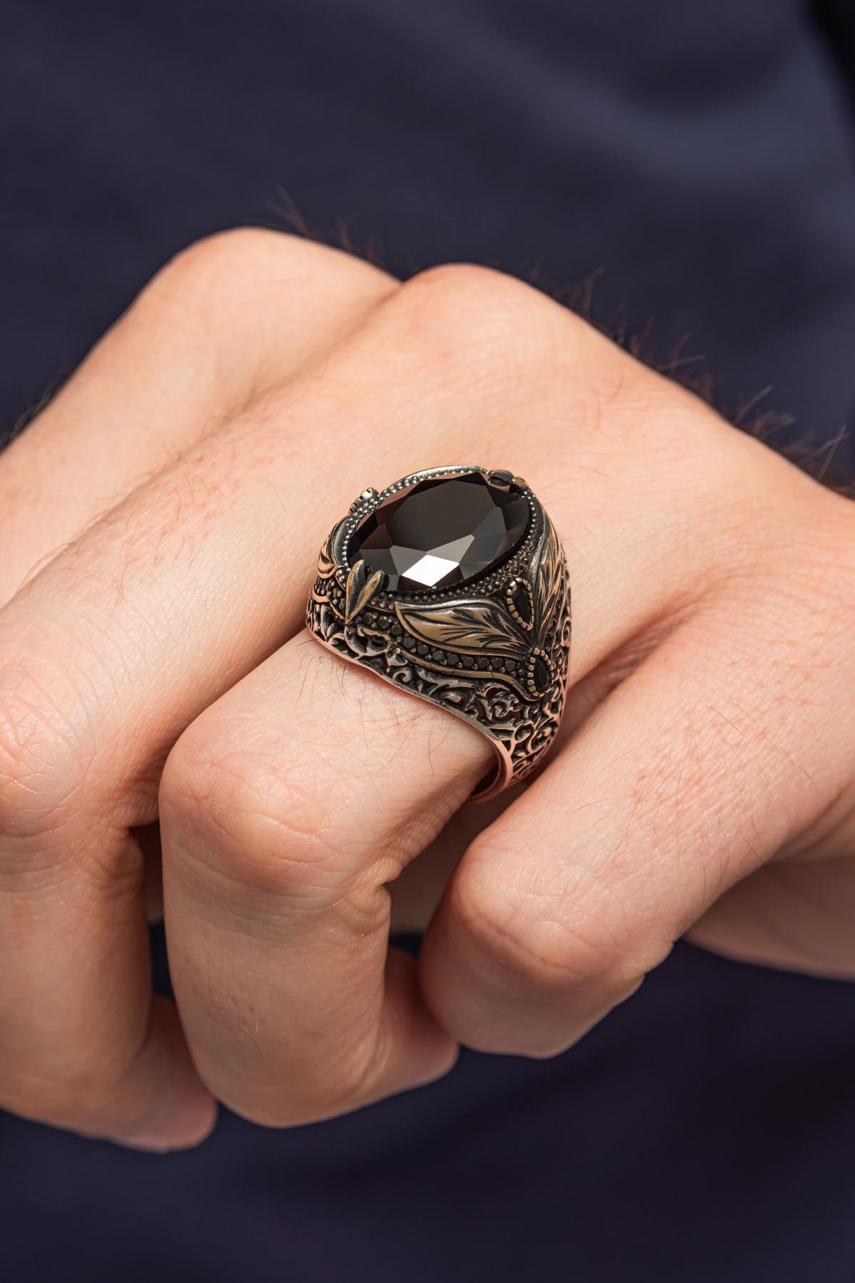 Oval Siyah Taşlı Yaprak Desen 925 Erkek Gümüş Yüzük