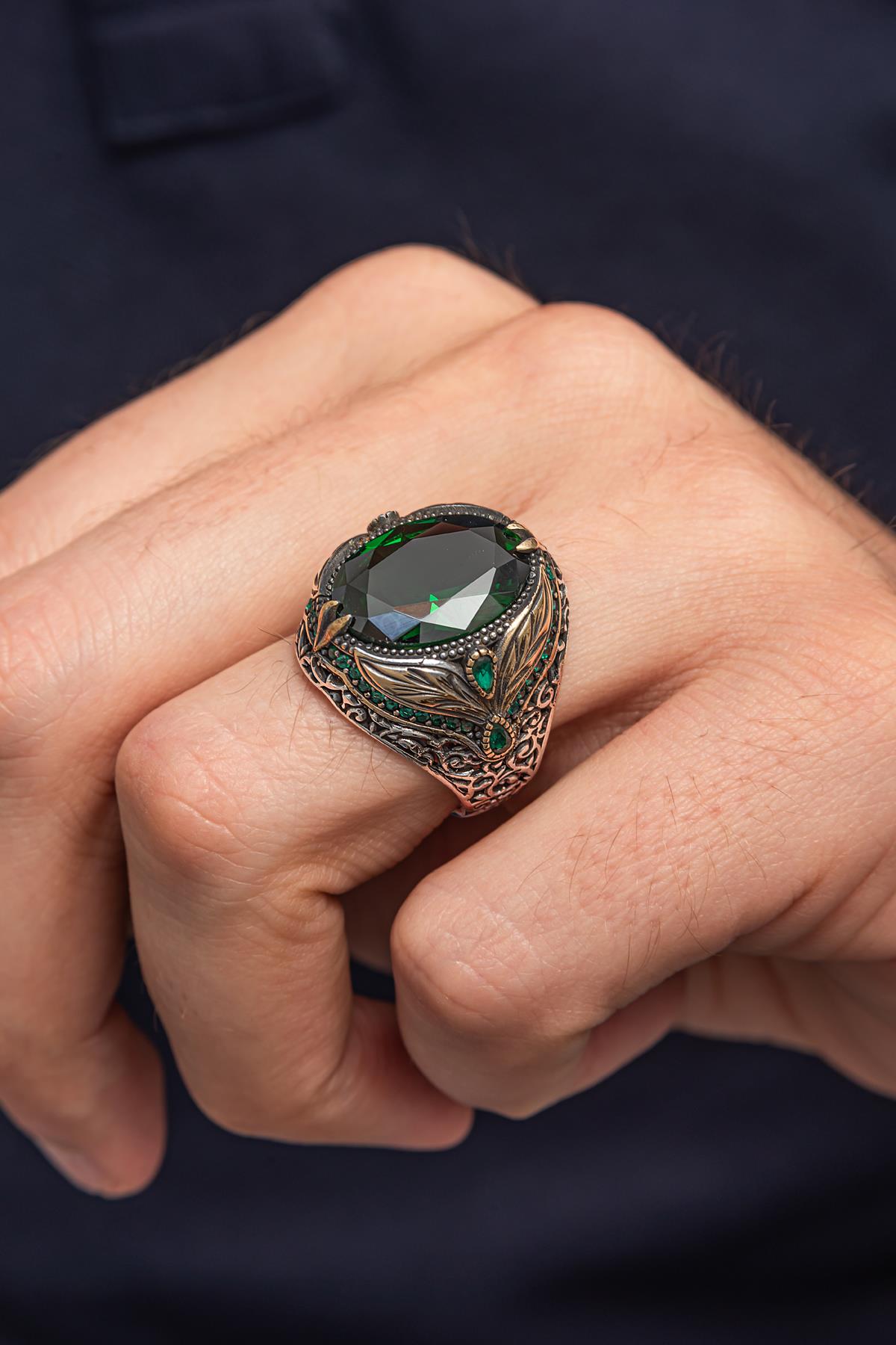 Oval Yeşil Taşlı Yaprak Desen 925 Erkek Gümüş Yüzük