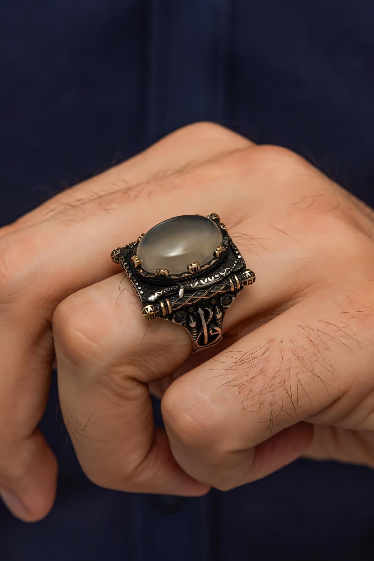 Yemen Akik Taşlı Elif Vav Motif 925 Gümüş Erkek Yüzük