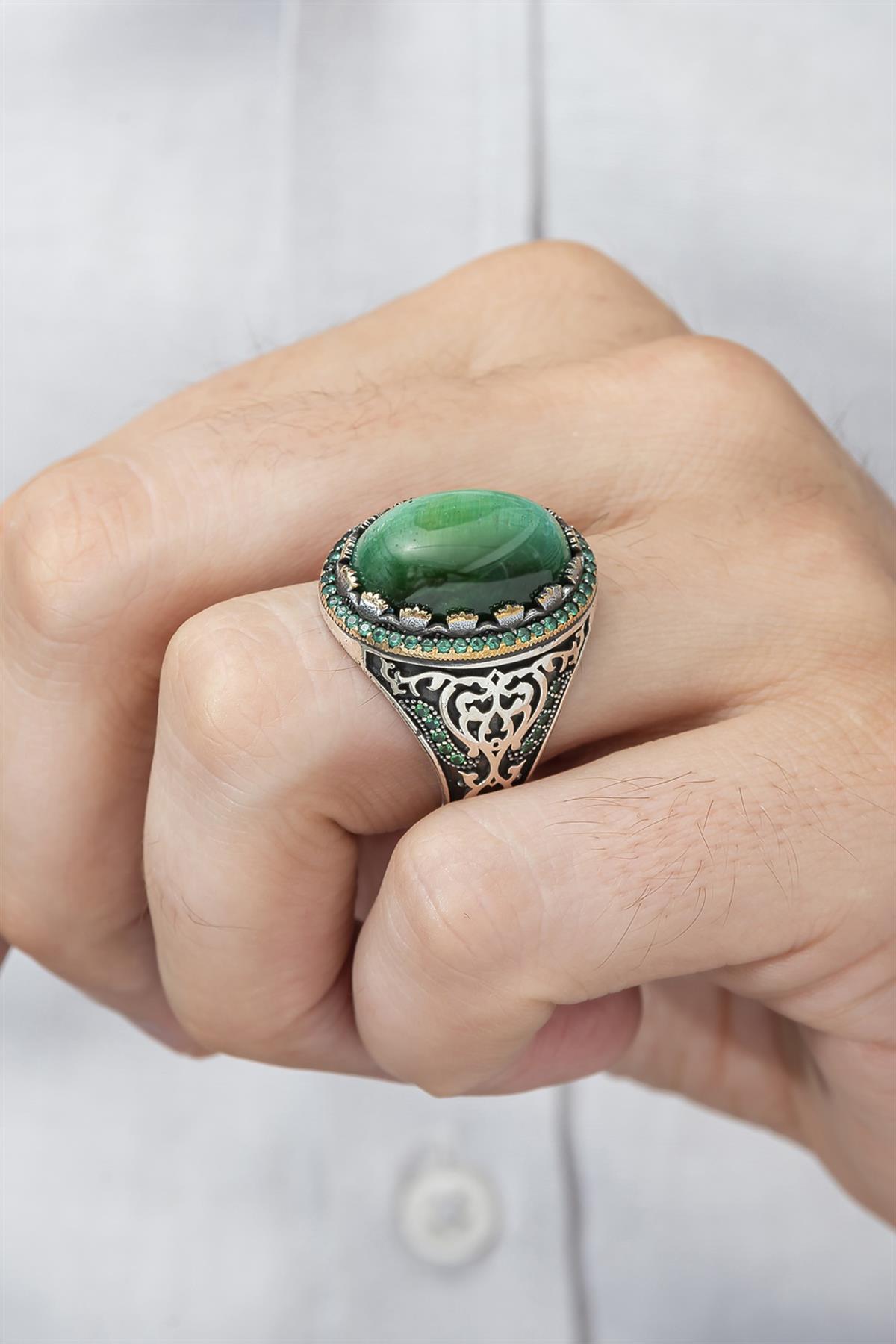 Yeşil Kaplan Gözü Taşlı Oval 925 Gümüş Erkek Yüzük