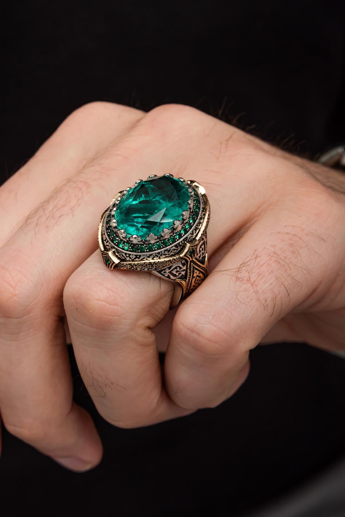 Yeşil Paraiba Taşlı Zorbey 925 Gümüş Erkek Yüzük