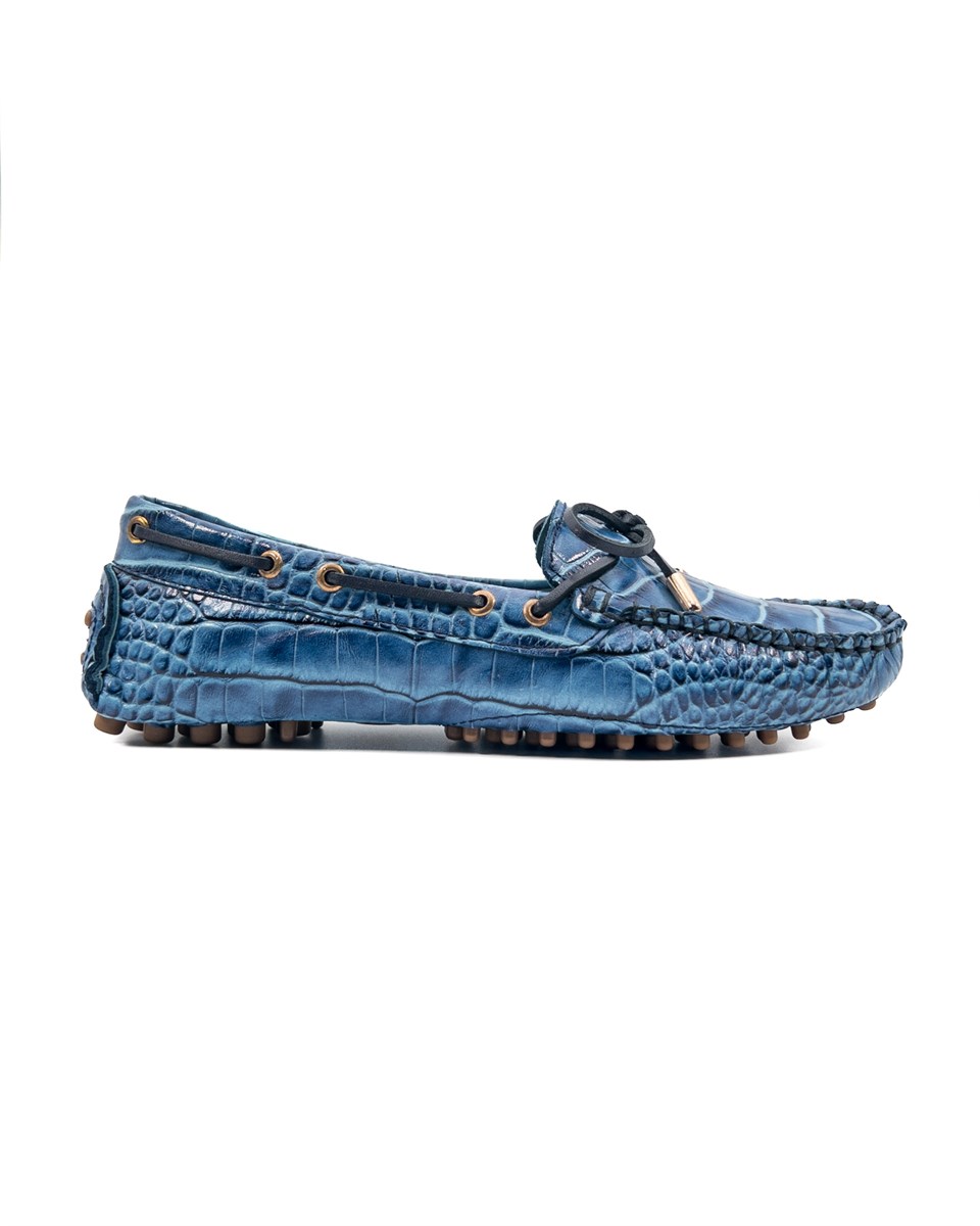 Patara Kadın Mavi Kroko Desenli Hakiki Deri Loafer Ayakkabı