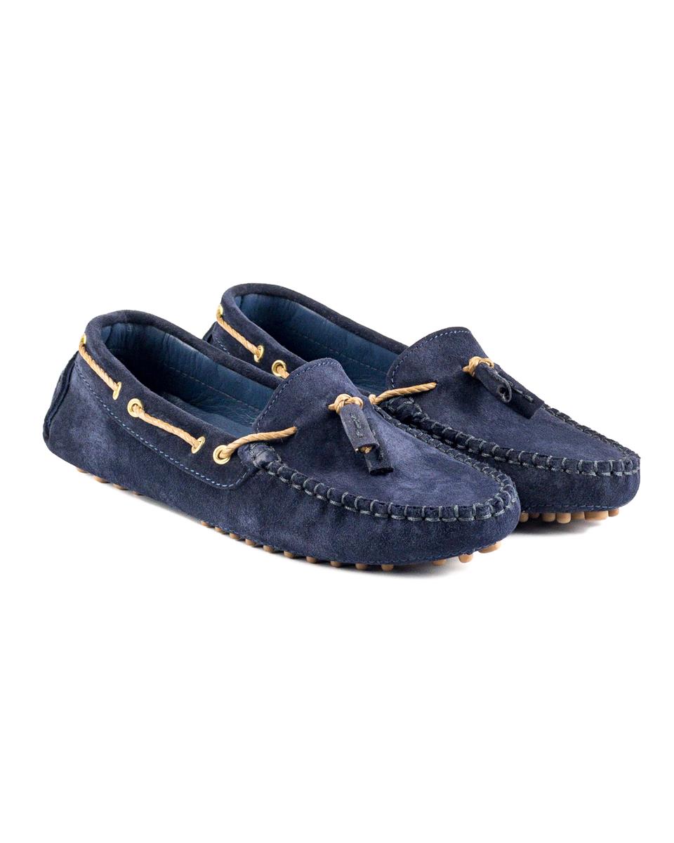 Samos Women's Navy Blue Genuine Suede Leather Loafer Shoes