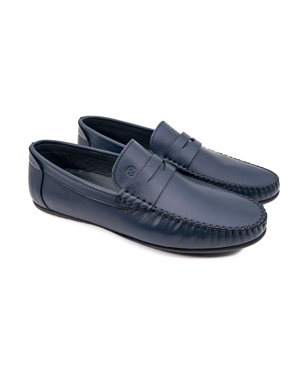 Perge Navy Blue Genuine Leather Men's Loafer Shoes