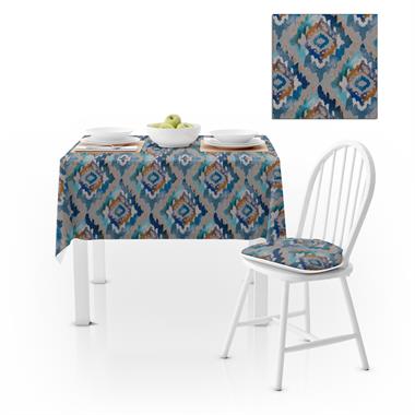 Baklava Dilimi Desenli Lacivert Turkuaz Mavi Dijital Baskılı Petek Dokuma Masa Örtüsü 140x220