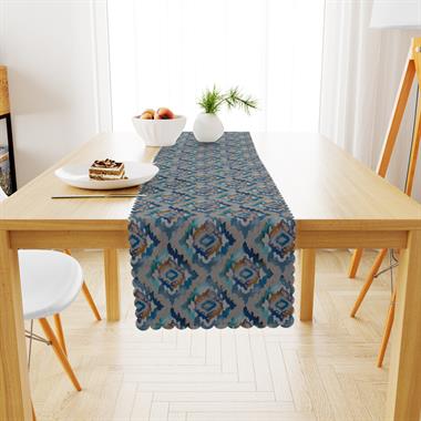 Baklava Dilimi Desenli Lacivert Turkuaz Mavi Dijital Baskılı Petek Dokuma Runner 40x140 