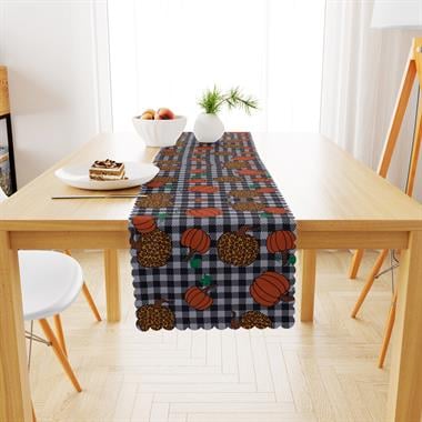 Bal Kabağı Desenli Siyah Beyaz Pötikareli Dijital Baskılı Petek Dokuma Runner 40x140 
