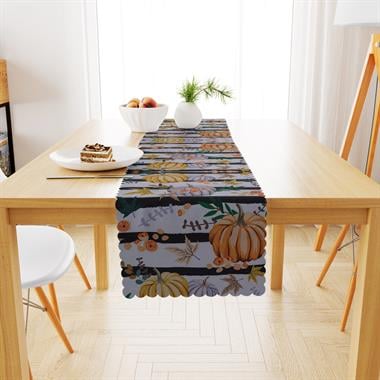 Bal Kabağı Desenli Siyah Çizgili Dijital Baskılı Petek Dokuma Runner 40x140 