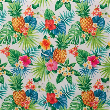 Beyaz Zemin Üzerine Palmiye Yapraklı Tropikal Çiçekli Ananas Dokuma Dijital Baskılı Petek Kumaş