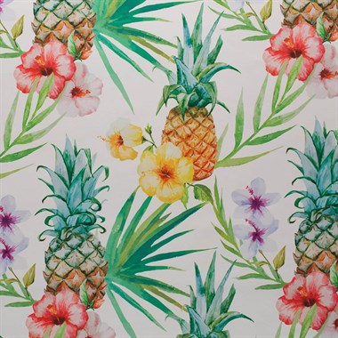 Beyaz Zemin Üzerine Tropikal Sarı Pembe Çiçekli Ananas Desenli Dokuma Dijital Baskılı Petek Kumaş