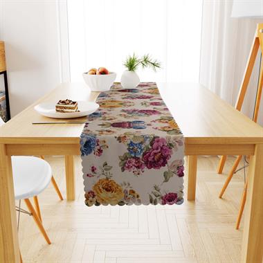 Büyük Gül Desenli Sarı Mürdüm Dijital Baskılı Süet Dokuma Runner 40x140