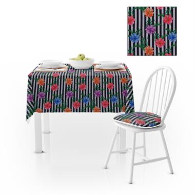 Çiçek Desenli Çizgili Mavi Kırmızı Mor Çiçekli Dijital Baskılı Petek Dokuma Masa Örtüsü 140x260