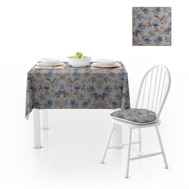 Çiçek Desenli Eskitme Mavi Vizon Dijital Baskılı Petek Dokuma Masa Örtüsü 140x140