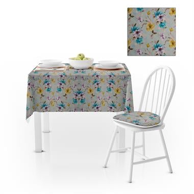 Çiçek Desenli Hardal Mavi Dijital Baskılı Süet Dokuma Masa Örtüsü 140x220