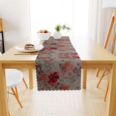 Çiçek Desenli Krem Zemin Kırmızı ve Tonları Dijital Baskılı Süet Dokuma Runner 40x140