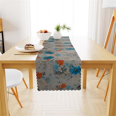 Çiçek Desenli Mavi Turuncu Dijital Baskılı Süet Dokuma Runner 40x140
