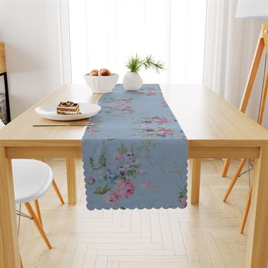 Çiçek Desenli Mint Gül Kurusu Kadife Dokulu Runner 40x180