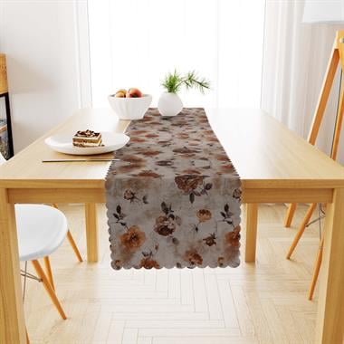 Çiçek Desenli Modern Kestane Renkli Dijital Baskılı Süet Dokuma Runner 40x140