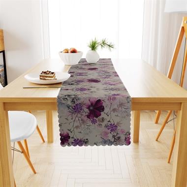 Çiçek Desenli Mor Mürdüm Dijital Baskılı Süet Dokuma Runner 40x140