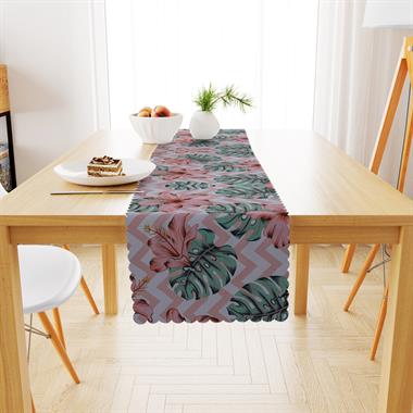 Çiçek Desenli Pembe Beyaz Zigzag Zemin Pembe Yeşil Dijital Baskılı Petek Dokuma Runner 40x140 