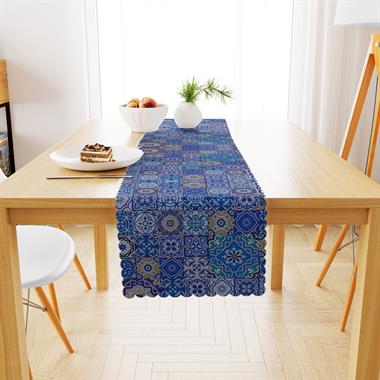 Çini Desenli Mavi Dijital Baskılı Petek Dokuma Runner 40x140 