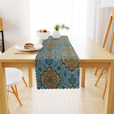 Damask Desenli Hardal Mavi Dijital Baskılı Süet Dokuma Runner 40x140