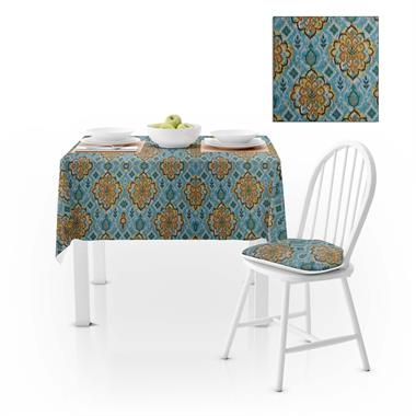 Damask Desenli Hardal Mavi Dijital Baskılı Süet Dokuma Masa Örtüsü 140x260